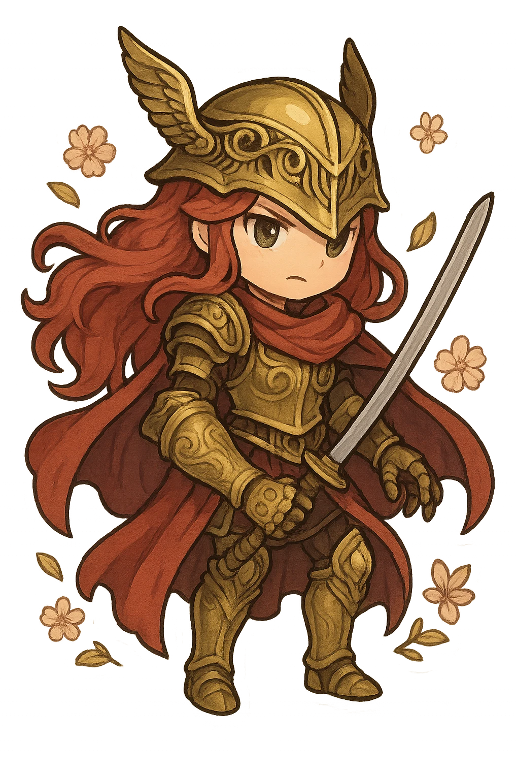 Malenia, Blade of Miquella, chibi style, elegant red-haired female warrior, ornate golden armor, large prosthetic arm, flowing cape, holding a katana, flower motifs, fantasy vibe, cute and fierce emoji