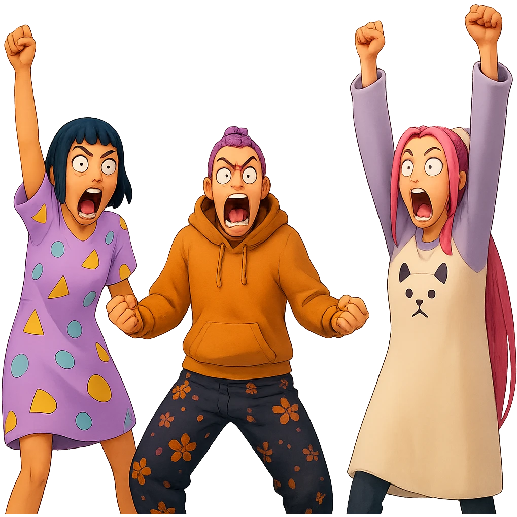 Extract the three characters from the image and place them together on a transparent background, keeping the original style and appearance. emoji