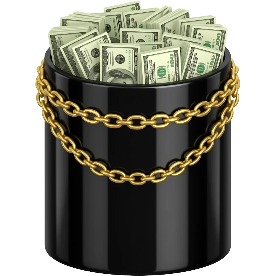 Цилиндр Взяток (верх): глянцевый черный цилиндр. Верх полей усыпан пачками поддельных валют и золотыми цепями. Бархатное сукно. Матовые и глянцевые материалы. emoji