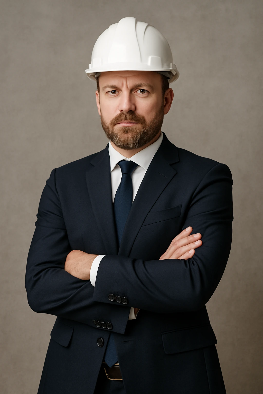 a man in a strict dark blue suit, wearing a white construction helmet on his head emoji