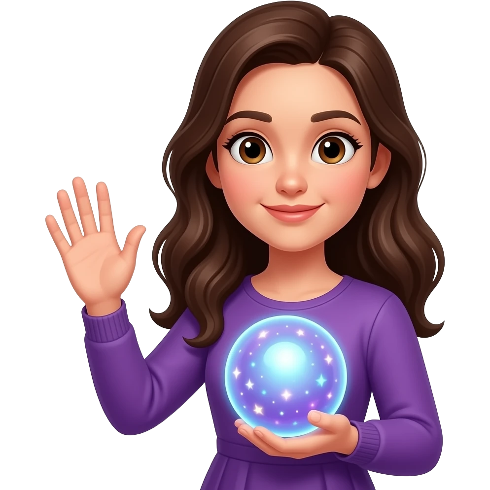 У девушки держит магический  шар и махает рукой  в фиолетовой одежде emoji
