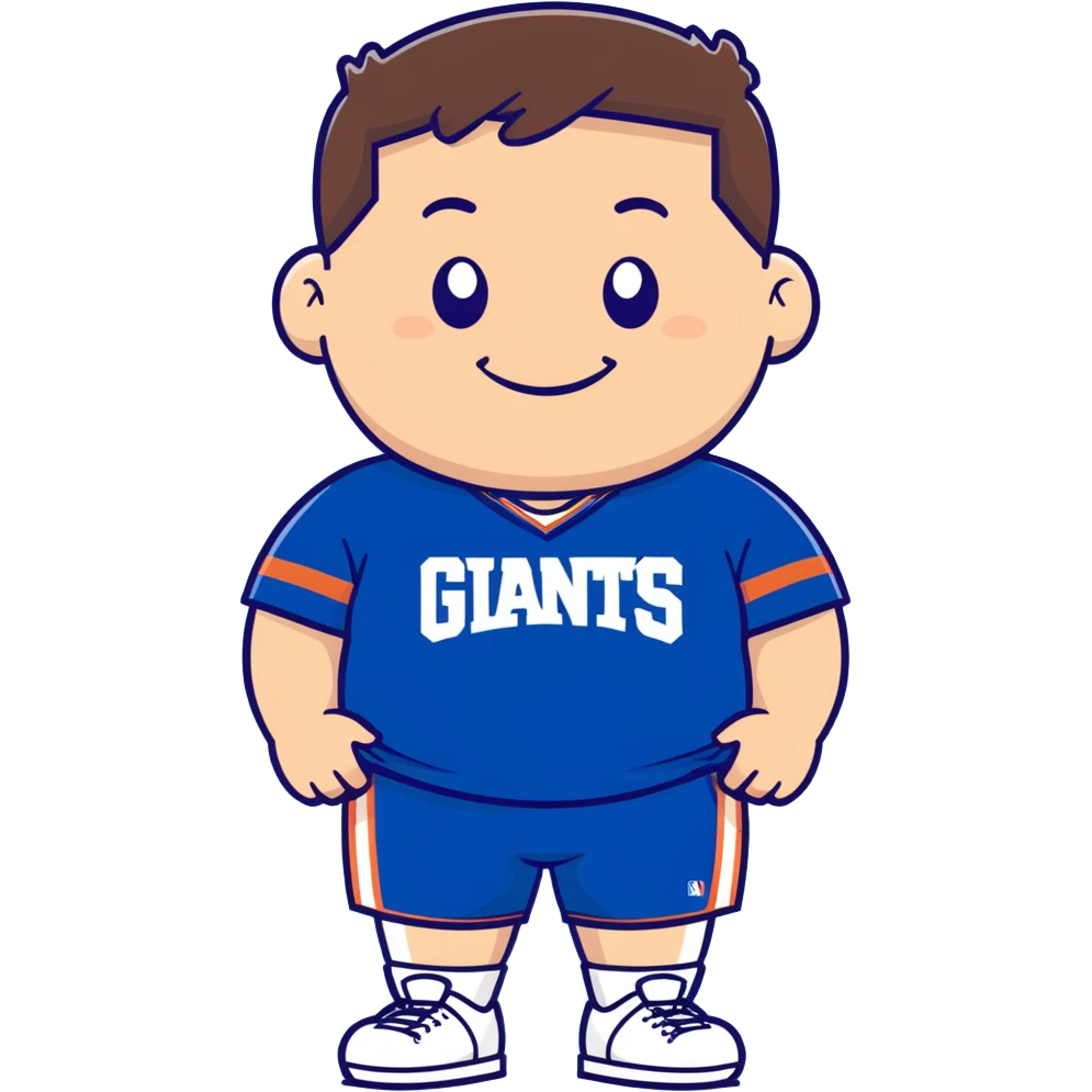 stocky white male, chubby, short brown hair gelled up, rowley smile with chubby cheeks, new york giants blue t-shirt, basketball shorts emoji