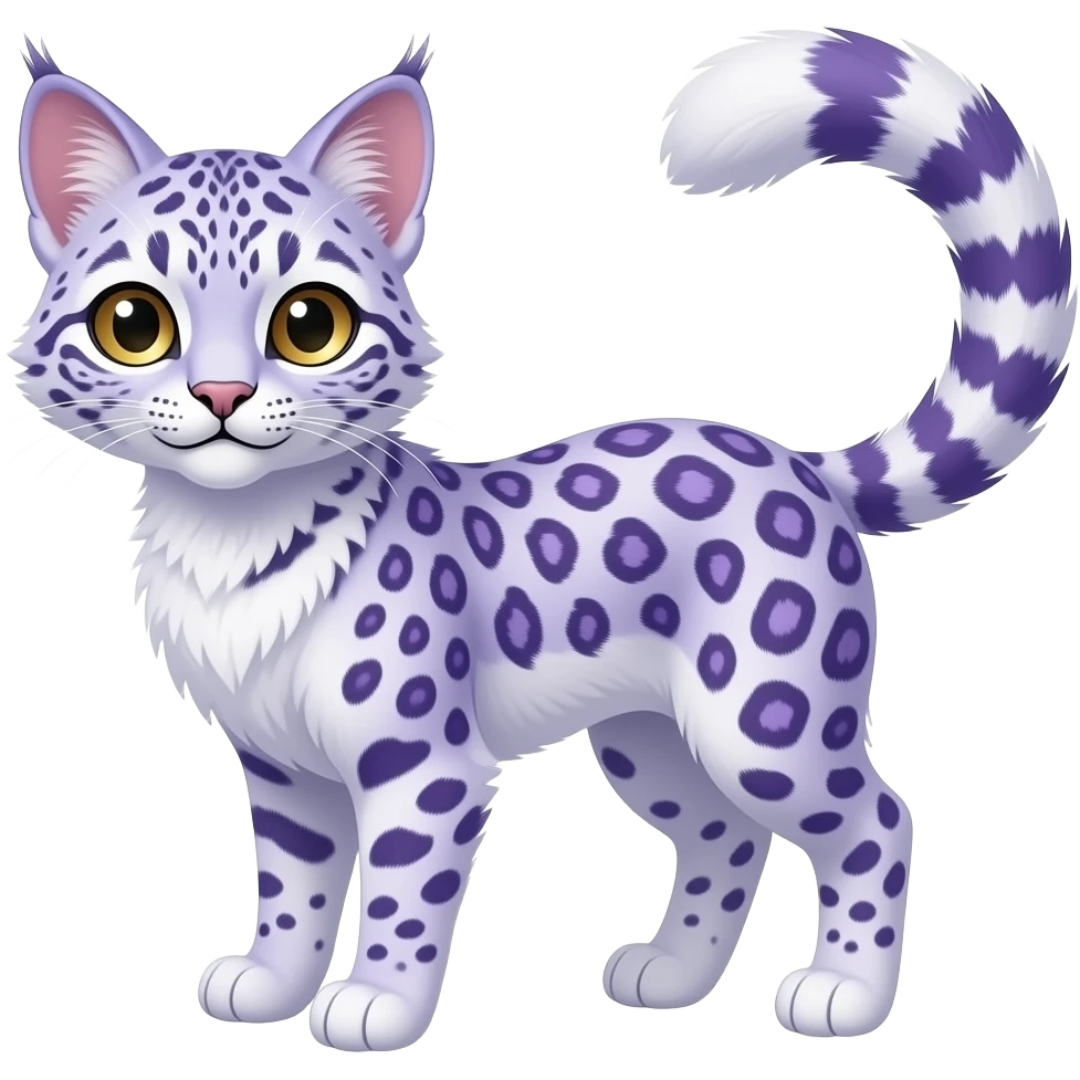 cute beautiful elegant lanky feathery, thistle-purple, whitish, fantasy-caracal-civet-snow-leopard-bobcat-genet-animal-Fakémon-hybrid, long thin tufted tail, golden eyes emoji