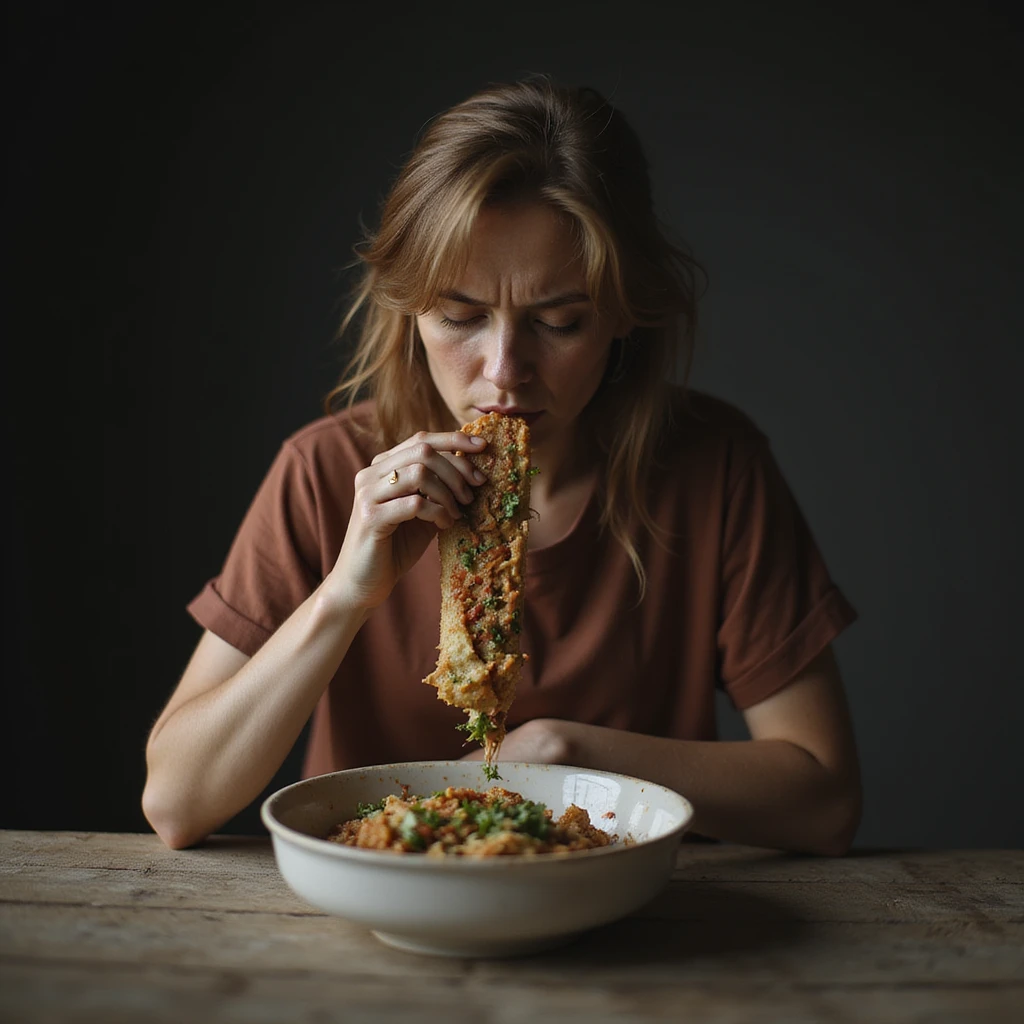 donna triste che mangia insalata, espressione triste, iperrealismo 4K, variazione 3 emoji