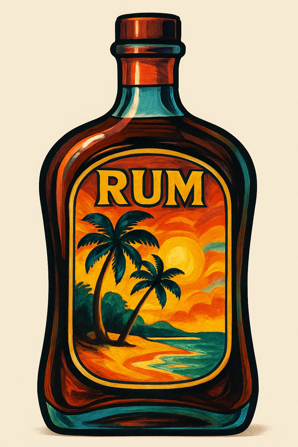 a stylized rum bottle with a tropical island label emoji
