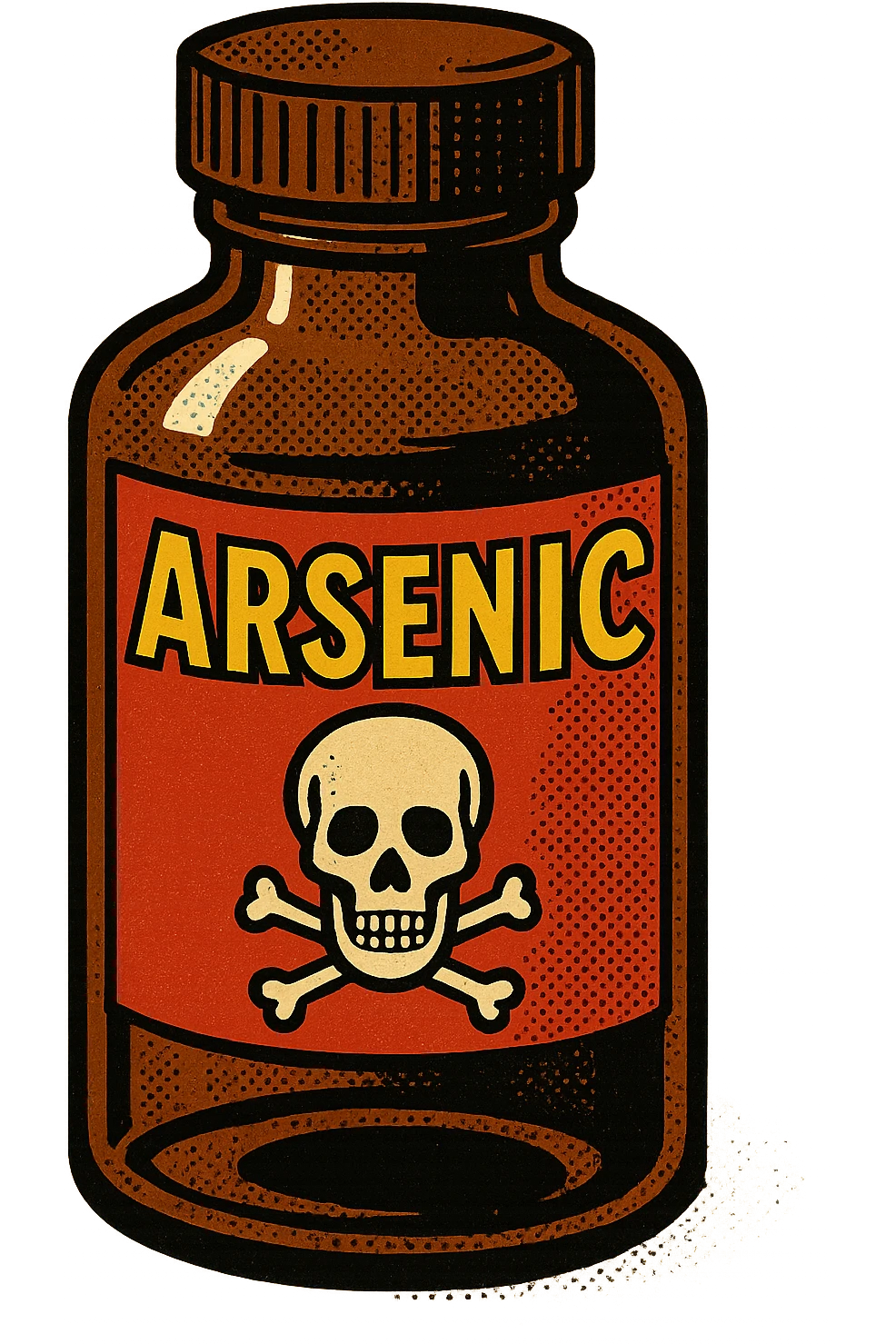 A closed medicine bottle with the word arsenic written on the bottle with a poison symbol emoji