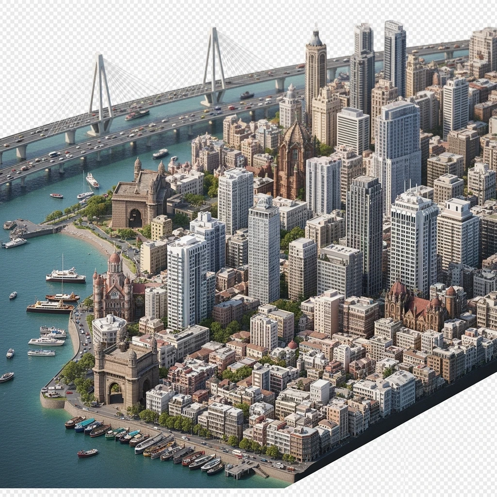 Isometric miniature of Mumbai city, featuring iconic landmarks like Gateway of India, Bandra-Worli Sea Link, Chhatrapati Shivaji Terminus,  clustered high-rises and skyscrapers, 3D miniature effect and Tilt Shift effect, no cartoonish look, transparent background. emoji
