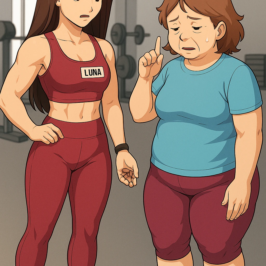 prendi spunto da queste immagini per fare: fai un webtoon/manga a colori con questa personal trainer (falle la scritta "LUNA" SU UNA TARGHETTA APPOSTA SUL TOP SPORTIVO CHE HA), che parla IN PALESTRA con una sua cliente che ha cellulite ed è leggermente in sovrappeso. LA SIGNORA è IN ABITI SPORTIVI E ascolta la trainer con attenzione guardandola allarmata. LUNA le dice di stare attenta mentre le mostra con espressione di rimprovero una manciata di mandorle. NON FARE I FUMETTI, FAI SOLO LORO COME SE DIALOGASSERO. FAI LE DUE FIGURE A FIGURA INTERA CON IL CORPO INTERAMENTE VISIBILE emoji