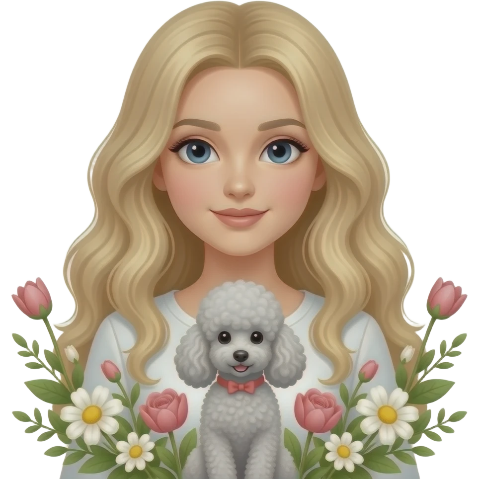 A beautiful girl with long blonde wavy hair a silver curly poodle in the flowers emoji