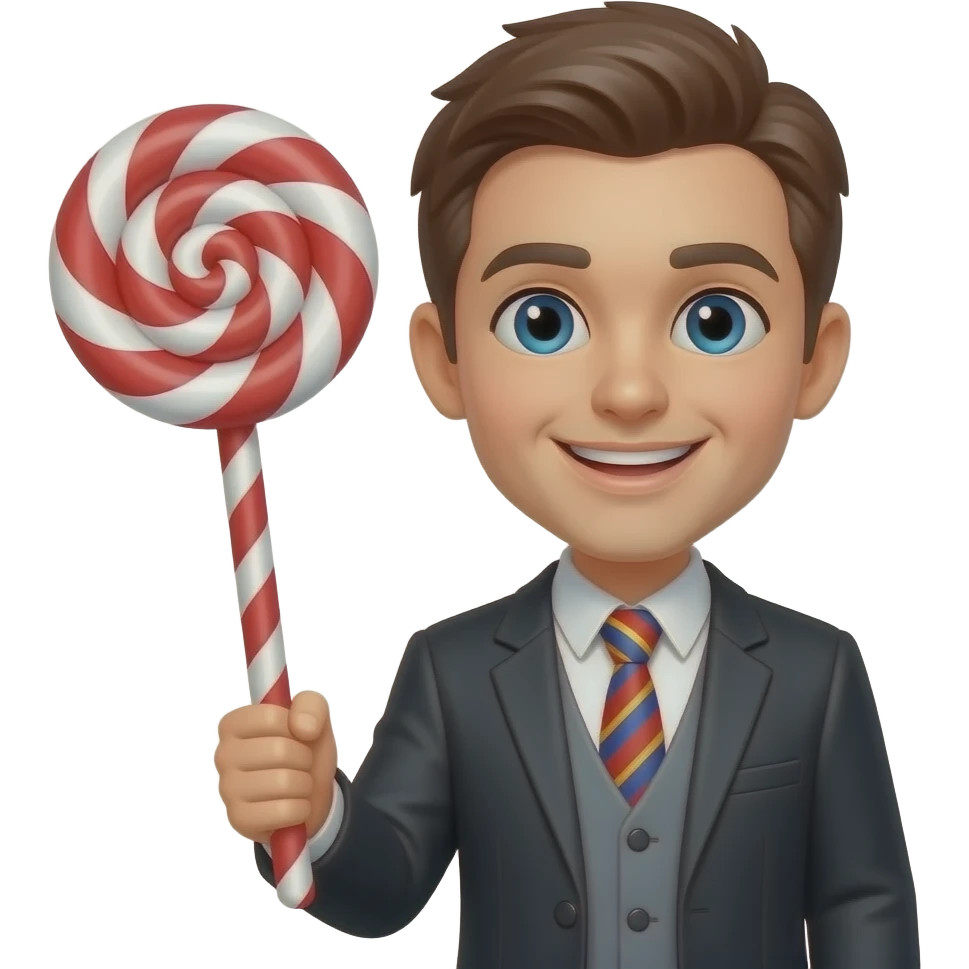 smiley face emoji with hands and a big magic wand in one hand. Transparent background. Candy styled emoji