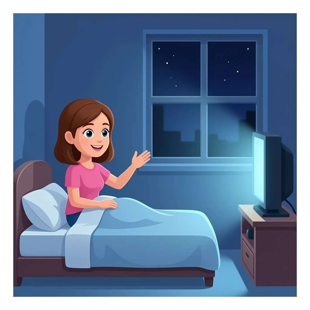 a woman watching TV in bedroom at night emoji