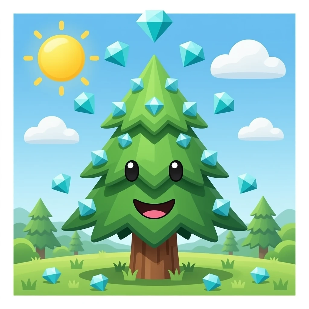 pine tree with a happy face, full of Minecraft diamonds with diamond blocks falling from above emoji