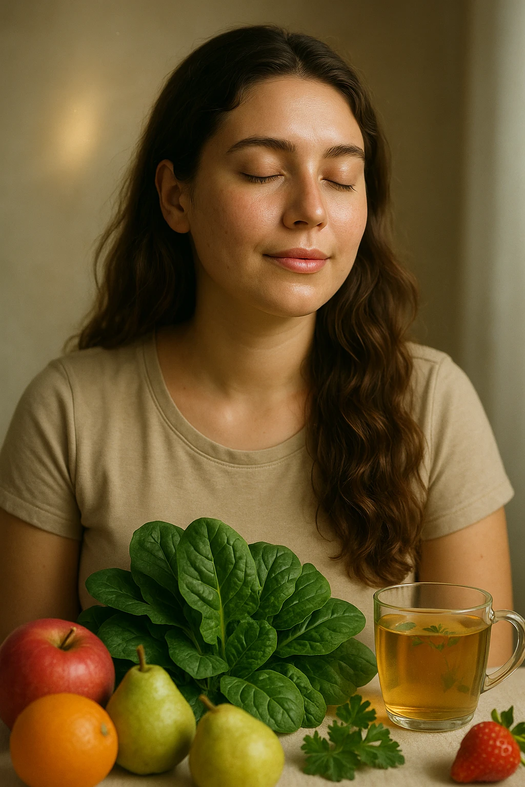 Realistic and cinematic vertical 2:3 portrait of a serene woman with PCOS, low inflammation and stable cortisol thanks to proper nutrition. Symbols of health and well-being, very few writings. emoji