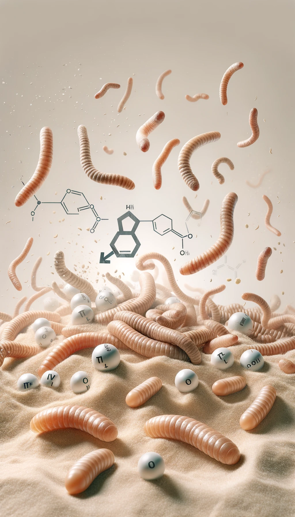 vermi beige chiaro fluttuano in aria insieme a particelle chimiche di testosterone, sfondo neutro chiaro emoji