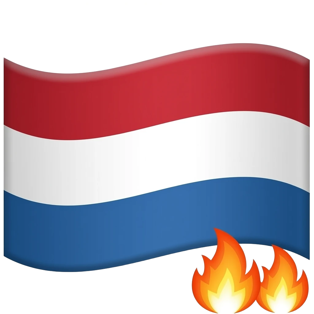 dutch flag no wave just flat  with two small fire emjoy  next to each other overlaping on top of the flag in the right bottom corner emoji