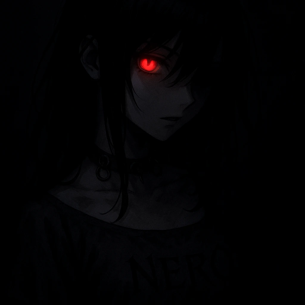 A mysterious anime girl in pitch-black darkness, with jet-black hair softly falling over her face as she turns slightly to her right. Her left eye glows with an intense crimson light, radiating menace and allure. She wears a dark leather necklace with metal rings, and her dress has the word 'NERO' engraved in sharp black script, enhancing her enigmatic presence. emoji
