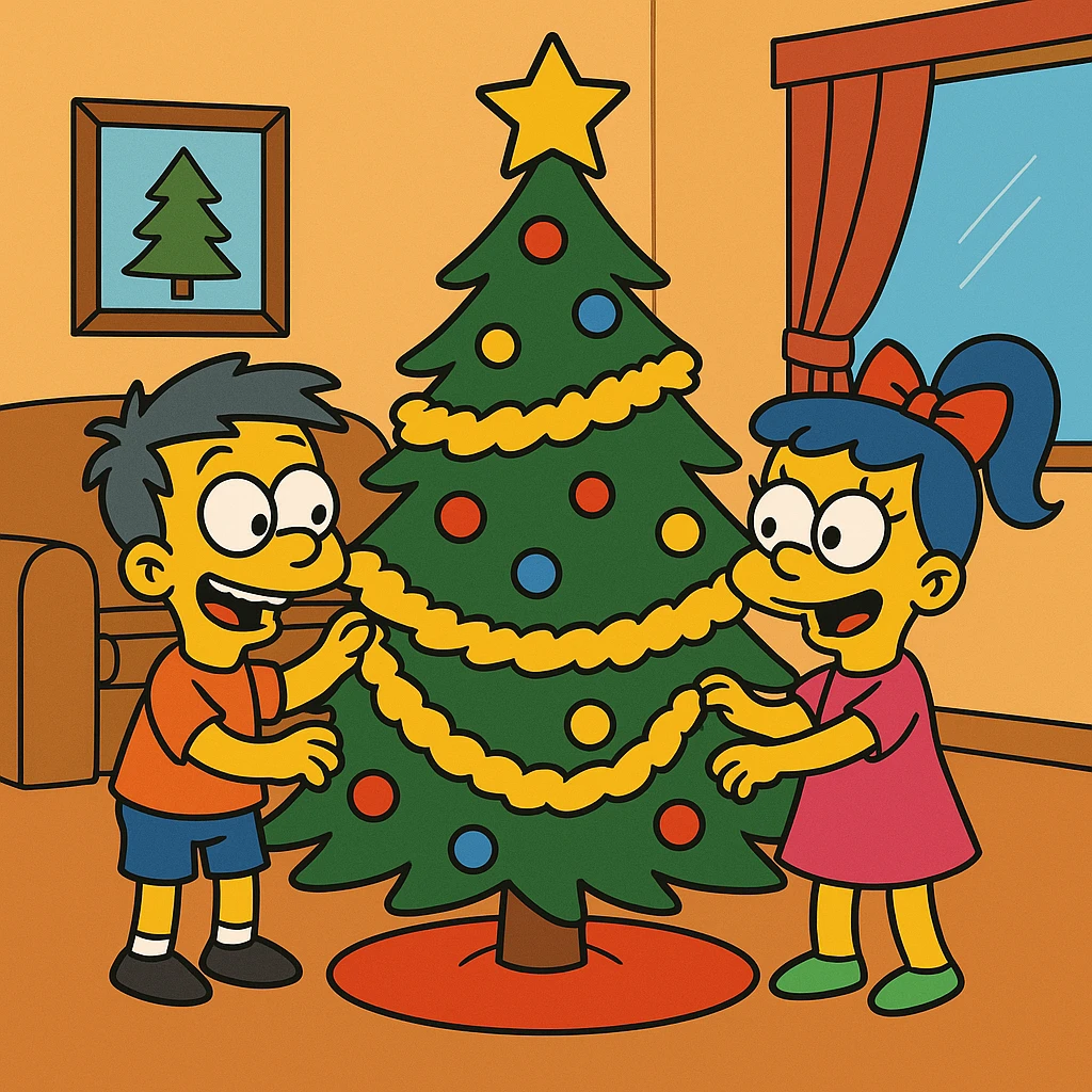 little children decorating a Christmas tree in the living room with tinsel emoji