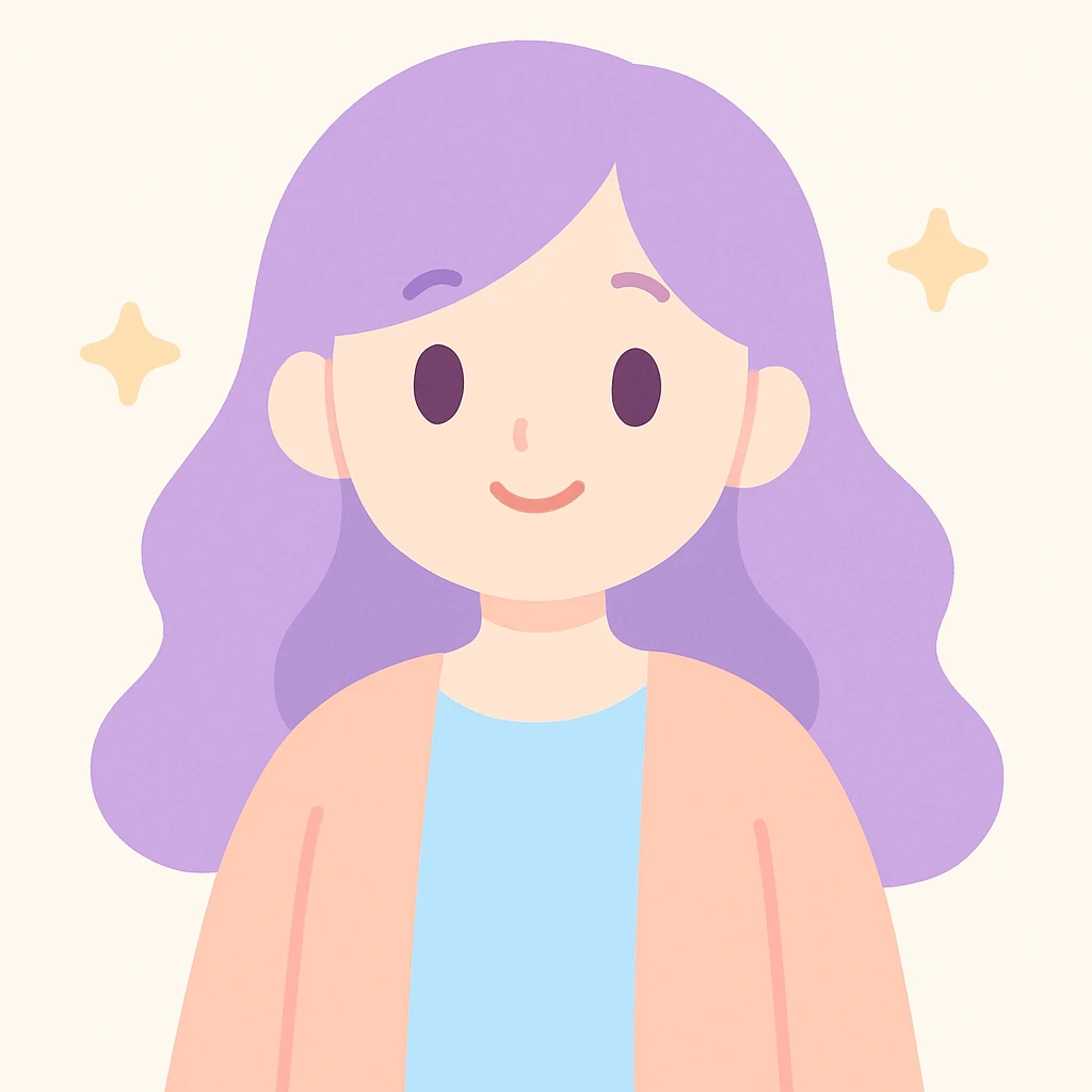 lady with long wavy purple hair, gentle smile, casual outfit, approachable and friendly emoji