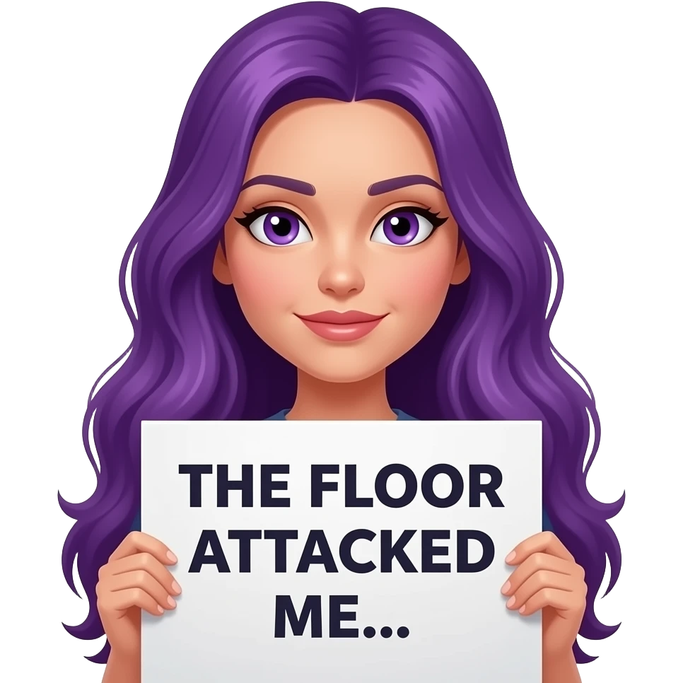 sexy girl with long purple hair and purple eyes holding a THE FLOOR ATTACKED ME... sign emoji