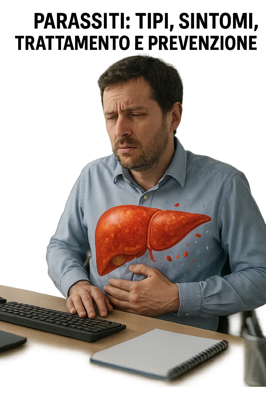 Man sitting at office desk experiencing subtle symptoms of liver dysfunction, upper abdominal pain, nausea, and unexplained fatigue Parasites: Types, Symptoms, Treatment & Prevention, expression of confusion about vague health issues, liver shown in transparent overlay with early inflammation, toxins beginning to accumulate in bloodstream, productivity declining as liver struggles to filter properly in italiano emoji