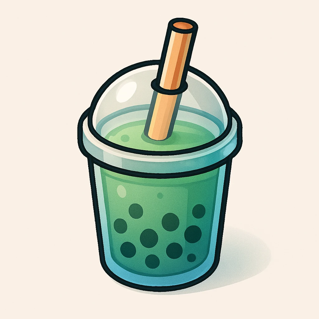 bubble tea cup with a rounded cute lid, blue cup, green drink inside, vector hand-drawn style, clear bold outlines, playful expressive shadows and highlights, adorable, matte glass effect emoji