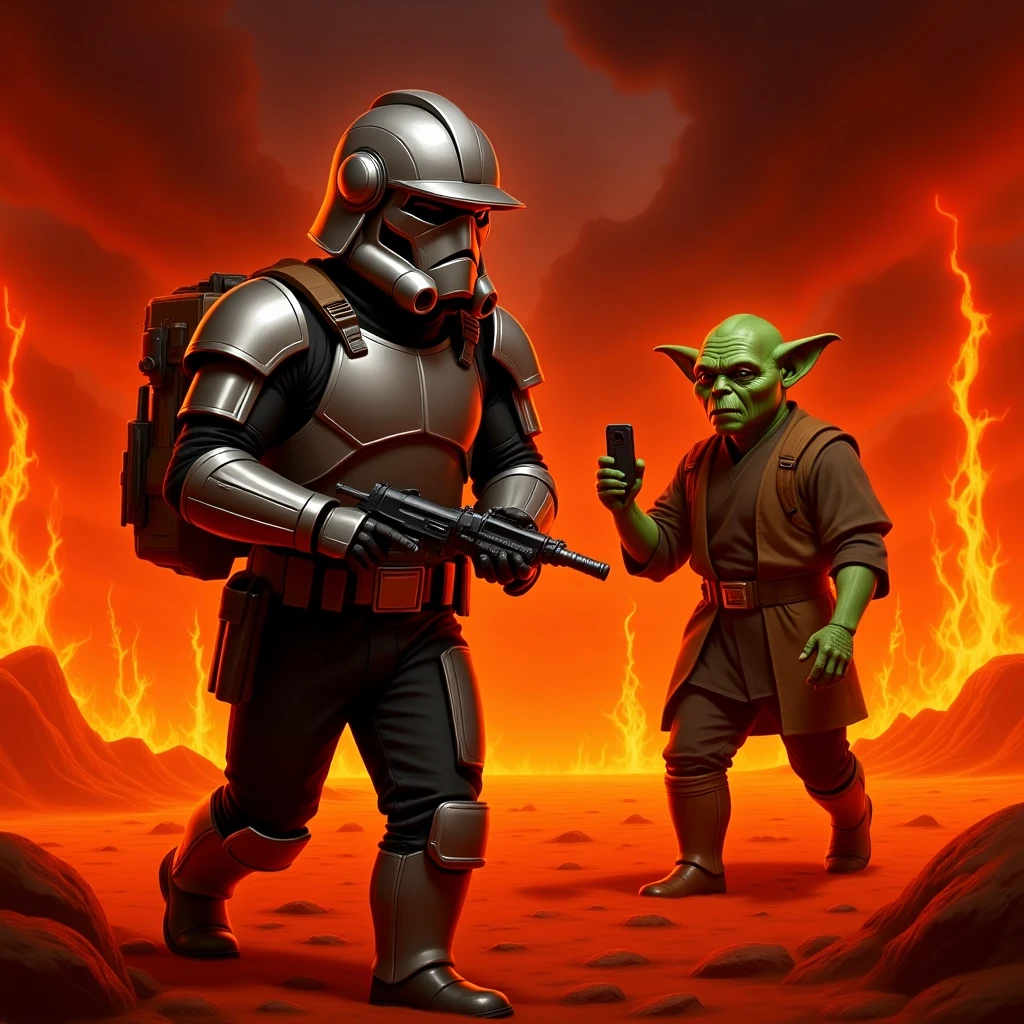 make digital poster art of Camera POV, Starwars stormtroopers vlogging selfie, he is walking on lava planet with yoda
 emoji