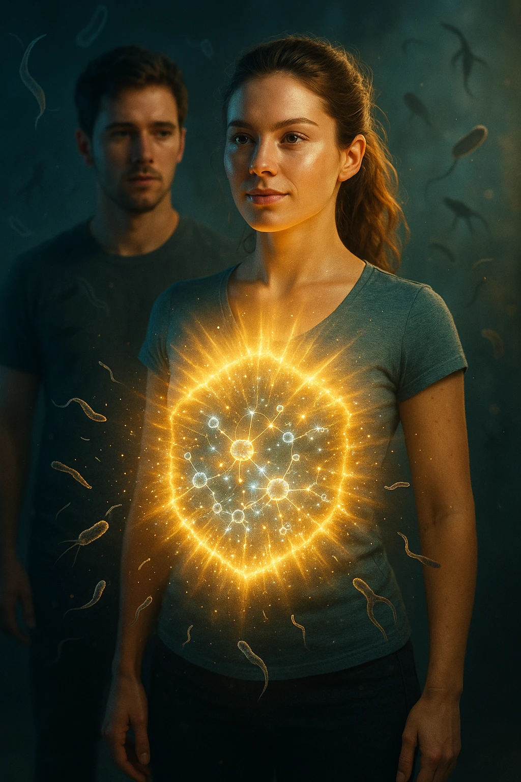 A hyper-realistic, cinematic image showing a young woman with a glowing, radiant aura symbolizing a very strong immune system. She stands confidently, surrounded by a dynamic shield of light particles and molecular energy swirling around her body, especially focused around her abdomen and chest. Against this luminous barrier, faint translucent representations of parasites—small worm-like and protozoan shapes—attempt to approach her but are visibly repelled or disintegrating upon contact with the shield. Nearby, a young man representing her boyfriend is shown with subtle, shadowy parasite silhouettes near him, some reaching toward her but unable to penetrate her immune defenses. The background is softly blurred to keep the focus on the energetic battle at the forefront, with cool blues and warm golds contrasting to symbolize health, vitality, and defense. The lighting is dramatic yet hopeful, with a cinematic 35mm film style emphasizing sharp detail on her determined face and the swirling protective energy. The overall tone conveys resilience, protection, and the unseen battle inside the body. emoji