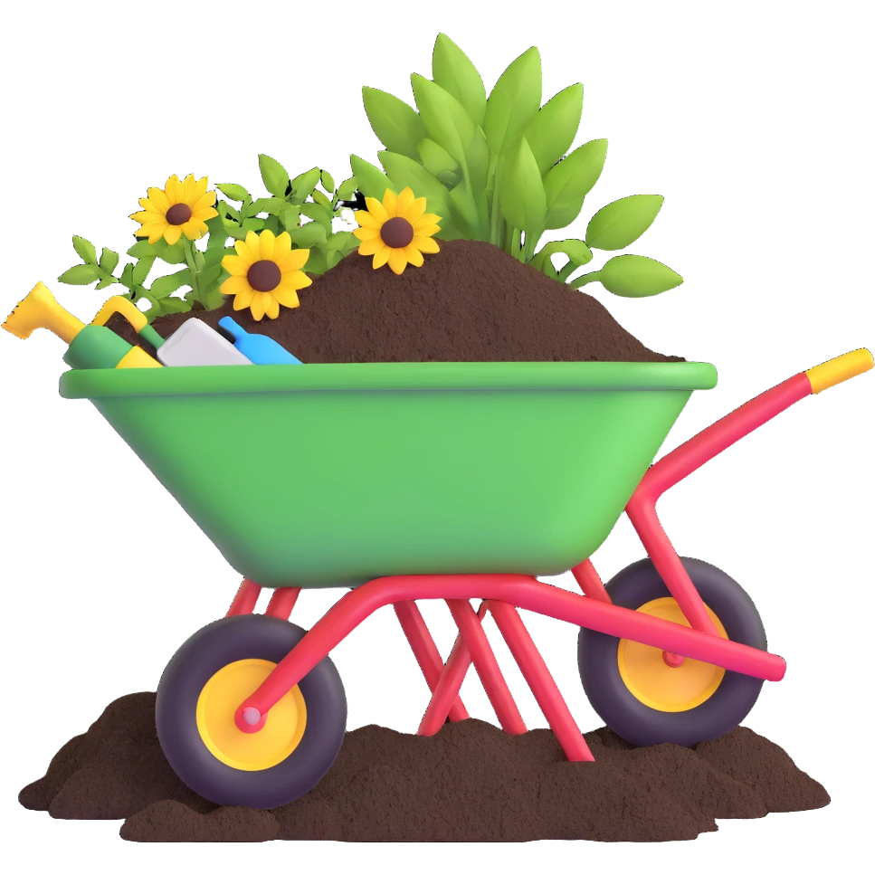 wheelbarrow with soil fertilizer and gardening tools emoji