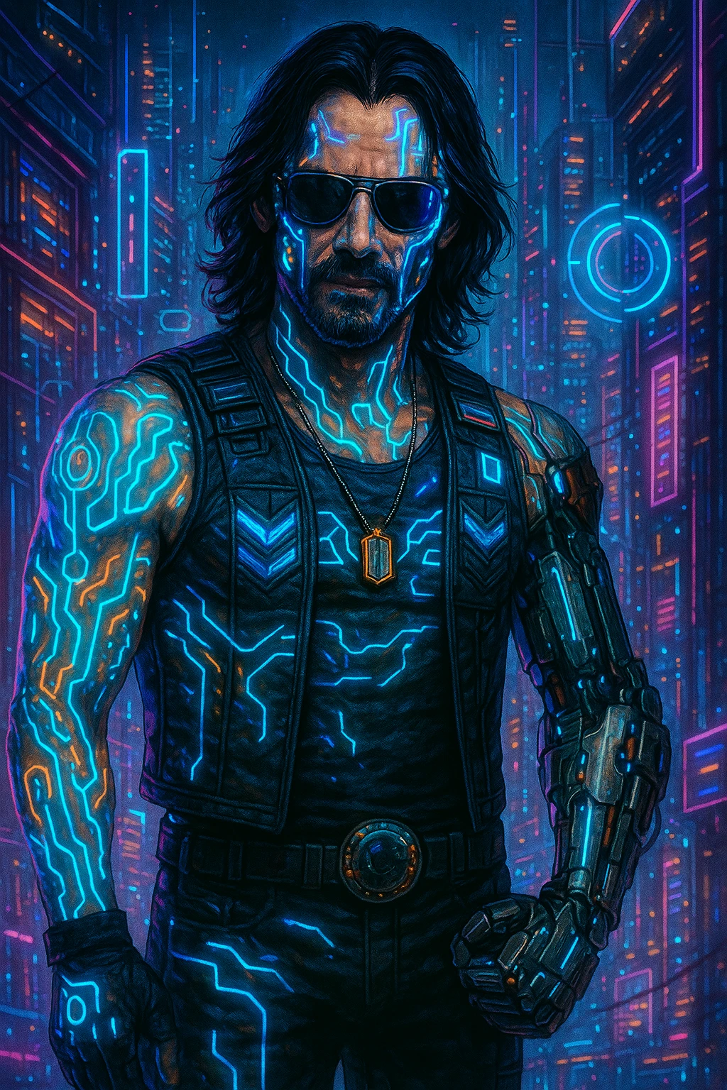 Add more cyberpunk details to Johnny Silverhand: glowing neon tattoos, cybernetic enhancements, holographic elements, and a futuristic cityscape background, keep the detailed illustration style. emoji