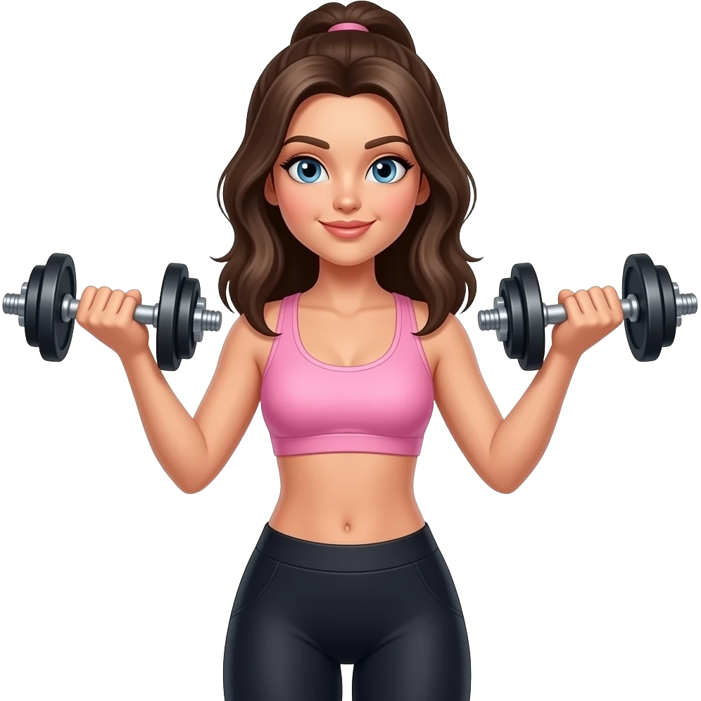 Brunette fitness girl holding dumbbells wearing light pink sports bra wearing black leggings emoji