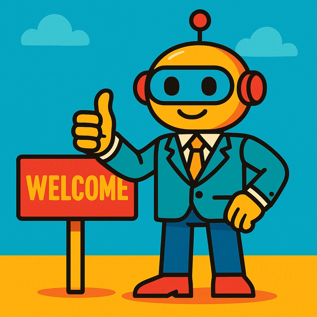 a cartoon recruiter robot giving a thumbs up, business casual, standing by a welcome sign, bright colors, cartoon style emoji