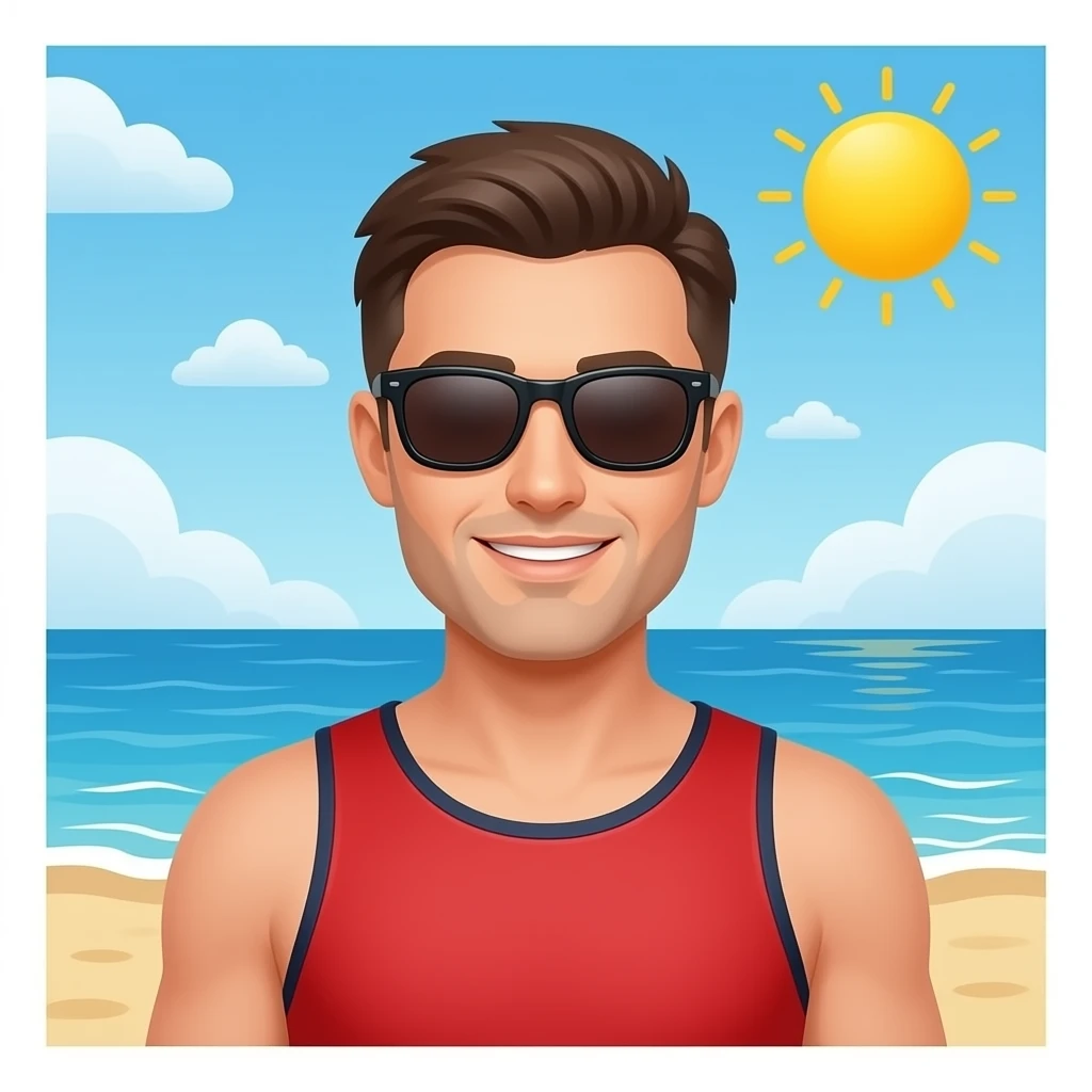 Erstelle ein Bild von einem Strand, mit im Bild ist ein Mann zusehen der sich sonnt, er trägt nur rote speedo und Oberkörper frei und trägt eine Sonnenbrille emoji
