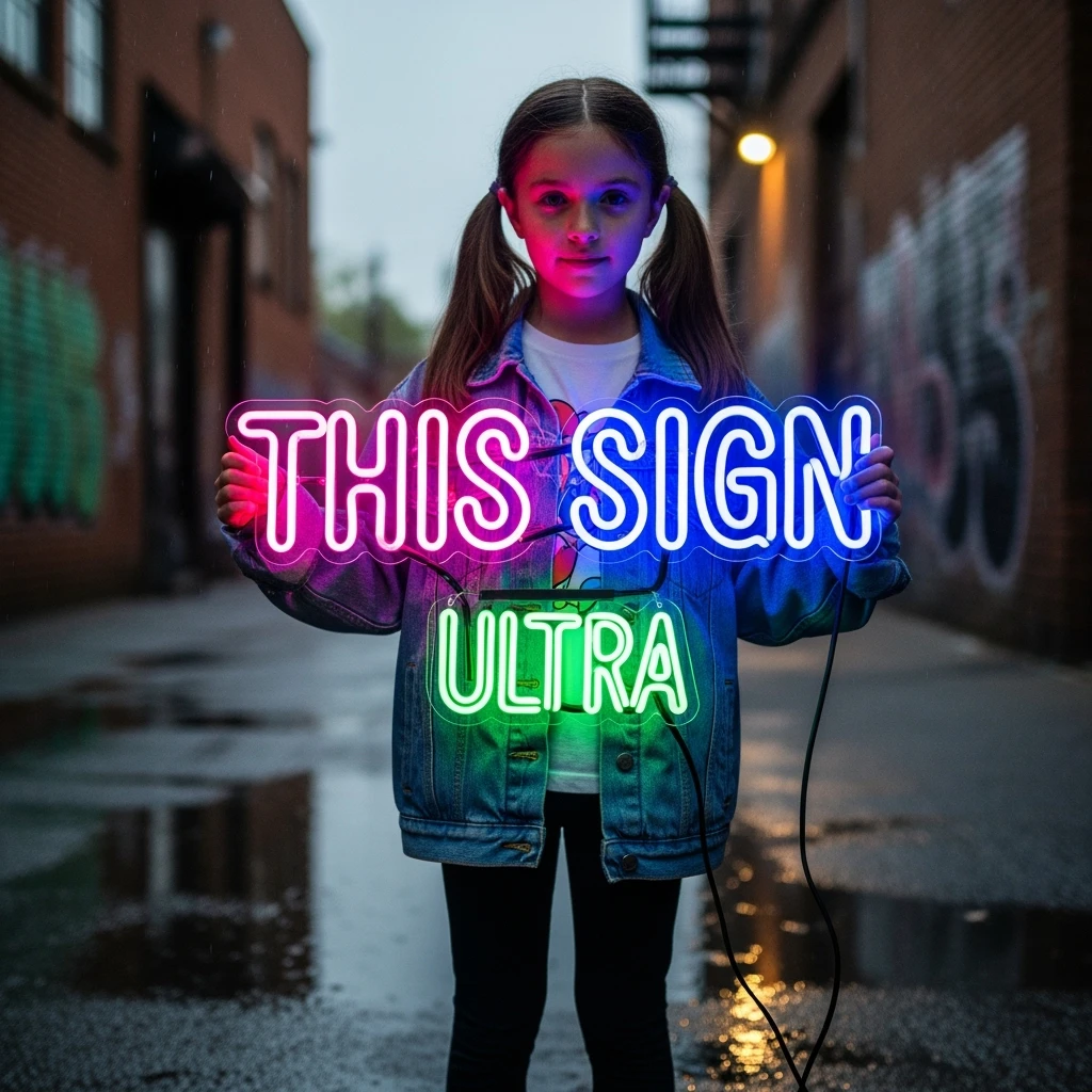 make a girl holding this sign, but sign in made of neon, also add ultra below the sign emoji