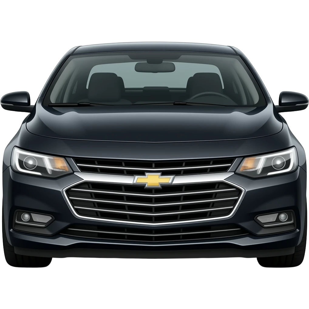 A realistic, high-detail photograph of a glossy black Chevrolet Malibu 2 Turbo Premier sedan with tinted windows and black alloy rims, car headlights on the front emoji