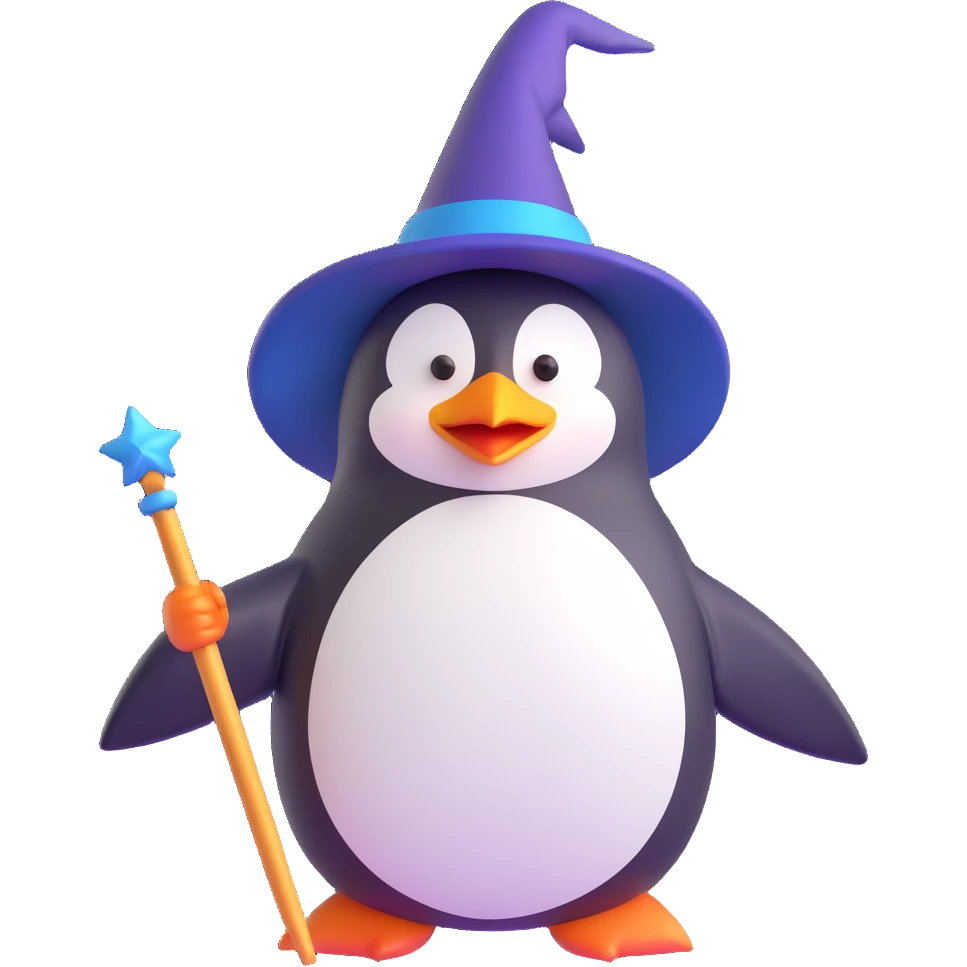 A three-dimensional playful penguin wizard with a pointy hat and a wand emoji