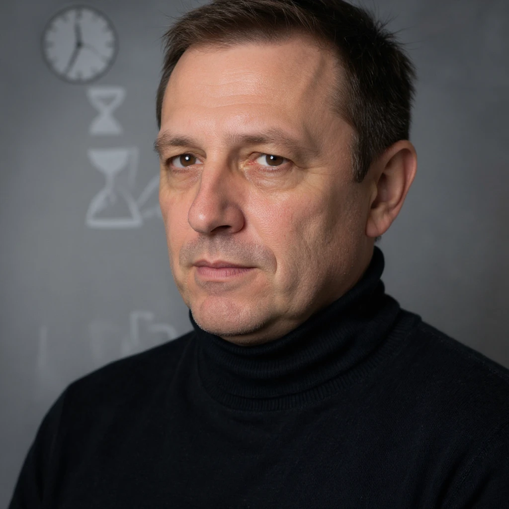 Vertical portrait of a man's face in a realistic style with a serene expression. Include symbols of a clock or hourglass next to the face to represent fasting time. The atmosphere should convey waiting and regeneration. emoji
