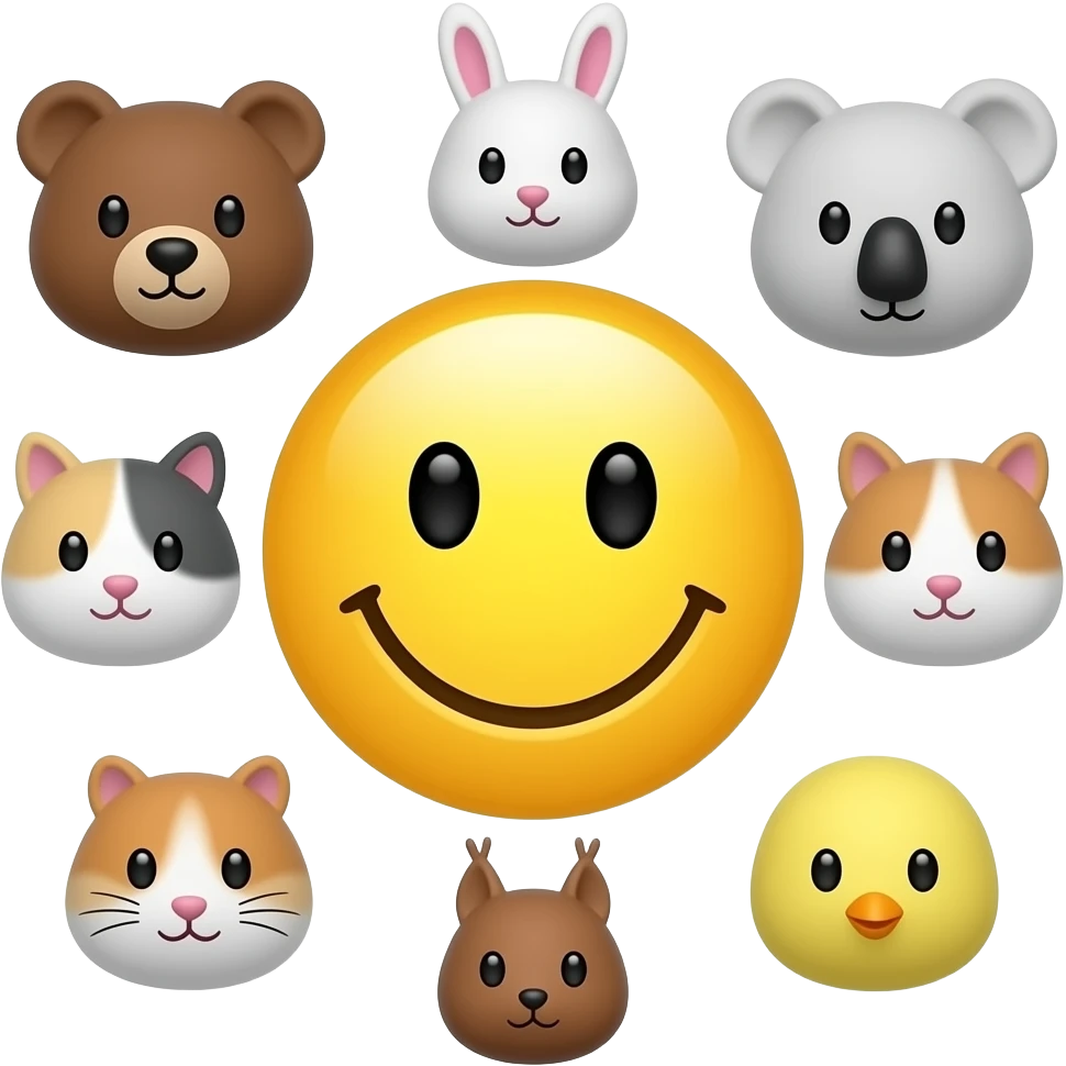 Same as this design, Yellow Smiley in the centre. The smiley white and purple outline , circle form ,serrounded by the head only of these 7 symbols: 🐻🐰🐨🐈🐹🐿🐥 Small size. Bright yellow background instead of red, lighter purple outlines emoji