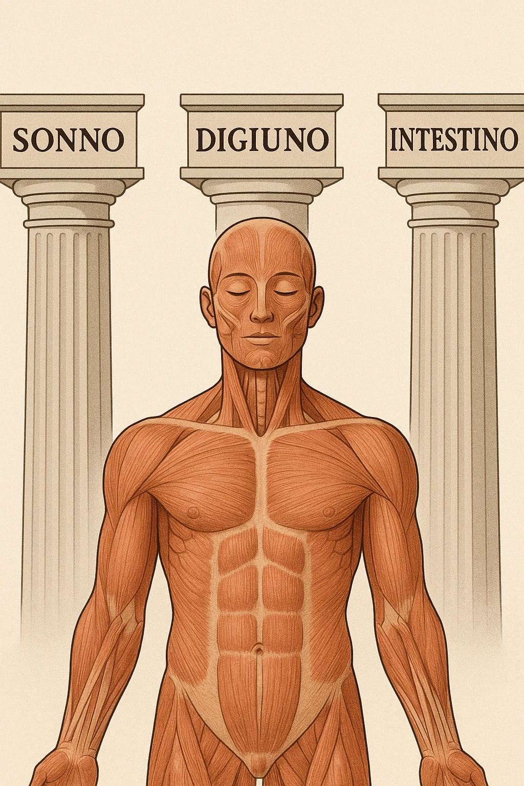 5 pilastri con le scritte "SONNO", "DIGIUNO", "ALLENAMENTO", "INTESTINO", DAVANTI UN CORPO UMANO ANATOMICO CON OCCHI CHIUSI IN SALUTE, SFONDO CHIARO IN ITALIANO emoji