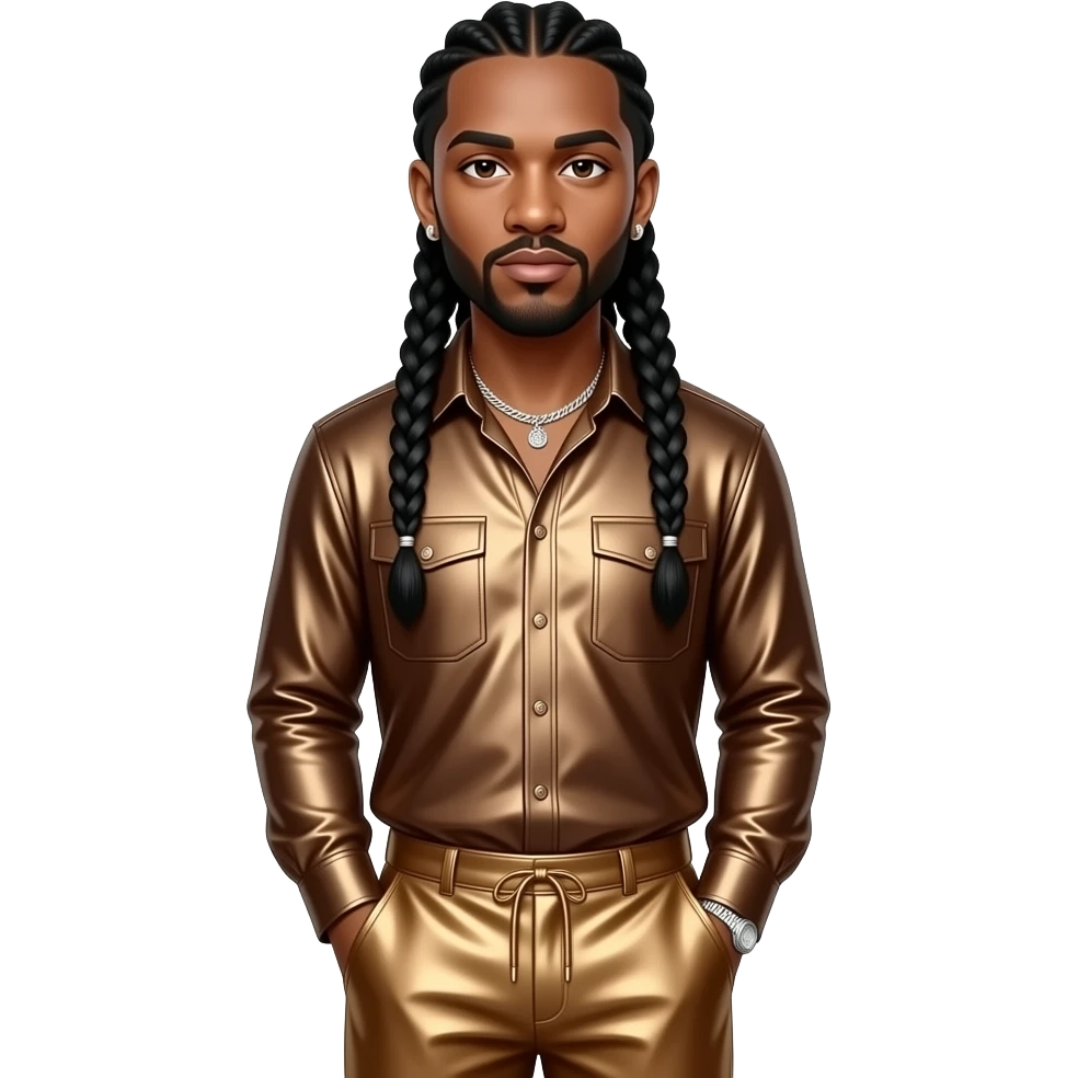 Omarion with long black braided hair, bronze metallic shirt, bronze metallic baggy pants, silver necklace and earrings emoji