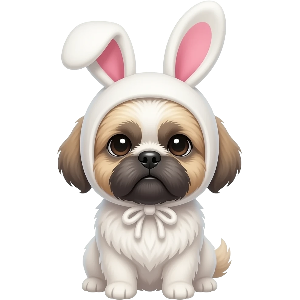 a white Shih Tzu with dark hair around her nose and eyes wearing a bunny ear hat emoji