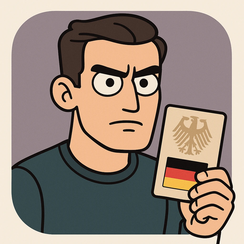 serious cartoon character in modern style, holding an official document or passport, with German flag colors and subtle integration motifs, app icon look emoji