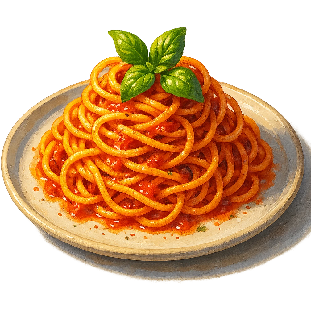 В слега рисованном, но при этом ярком и объемном стиле сгенерируй картинку сочной итальянской пасты, профессионально выставленный свет, который подчеркивает объем, прозрачный фон emoji
