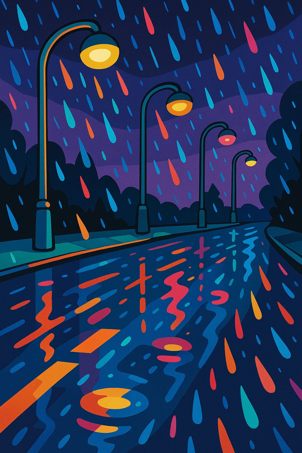 a rainy road at night with wet reflections, raindrops, and glowing streetlights in vibrant toon style emoji