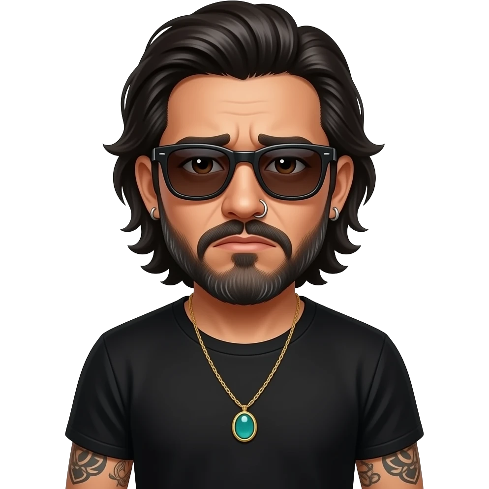 The handsome manly Latino podcast host with medium length hair, a long slightly graying beard and tattoos with his ears pierced 1 time each ear and a nose ring on the right side, dark brown eyes, wearing black, dark sunglasses, and jewelry, sad af emoji