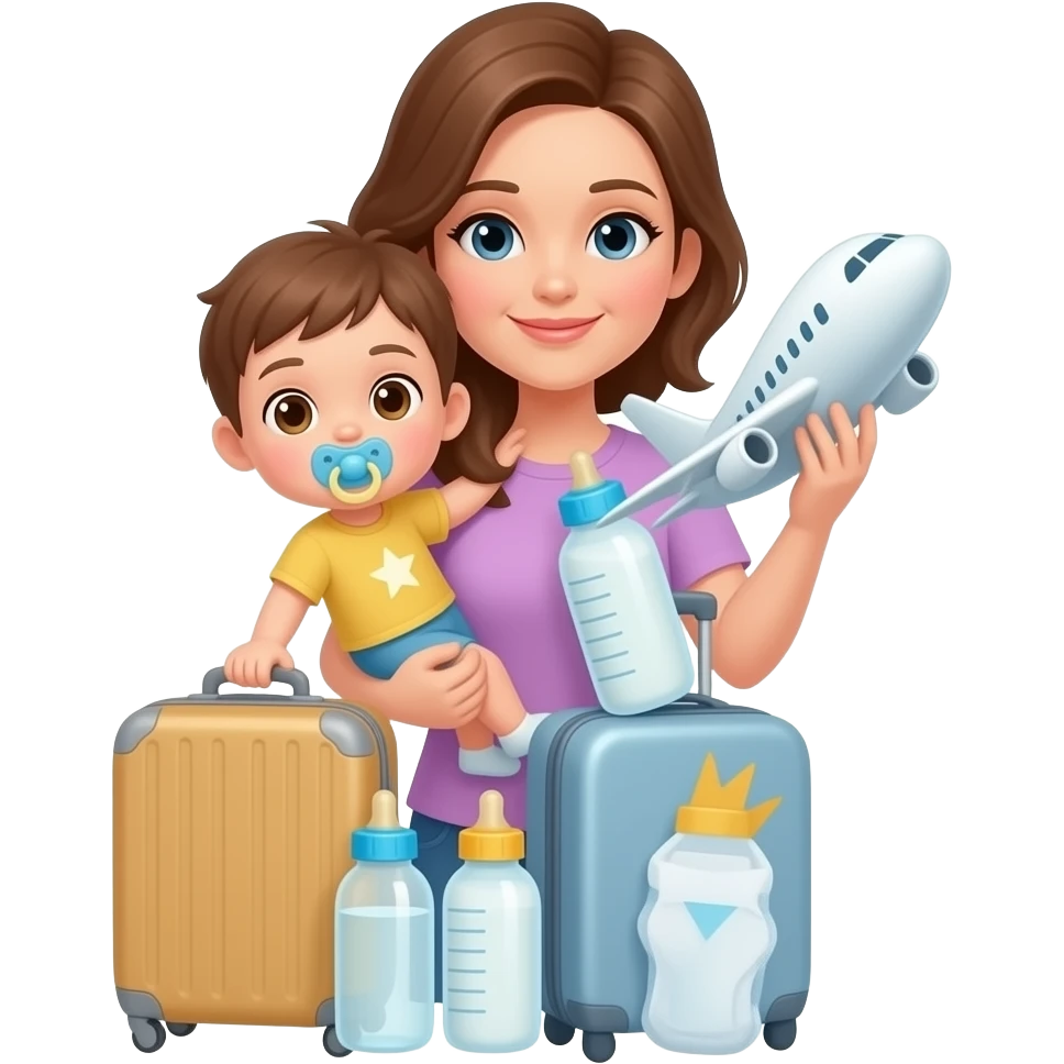 3D emoji style, woman with child, suitcase, airplane, baby items, bright colors, minimal background, no text emoji