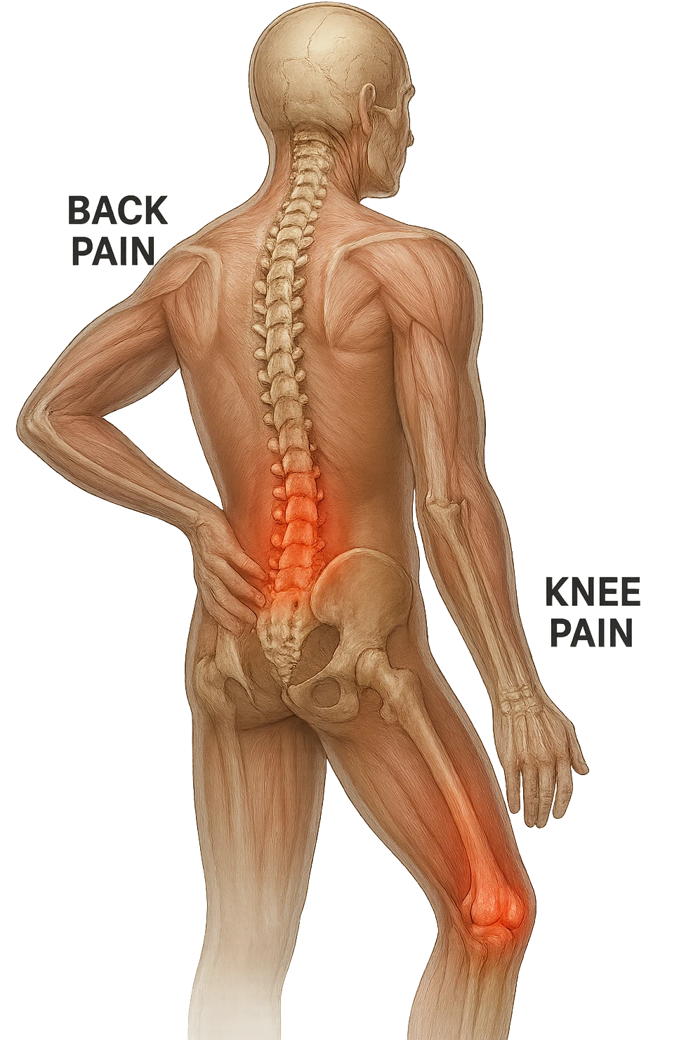 corpo umano anatomico con mal di schiena e al ginocchio, iperrealiùstico 4k emoji