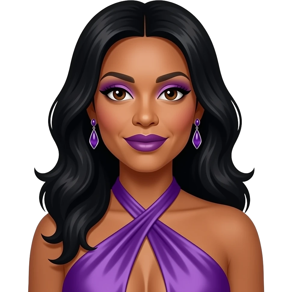 Wendy Williams with dark brown eyes, long black 90s hair, purple eyeshadow dark purple lipstick, purple silk halter dress, purple earrings emoji