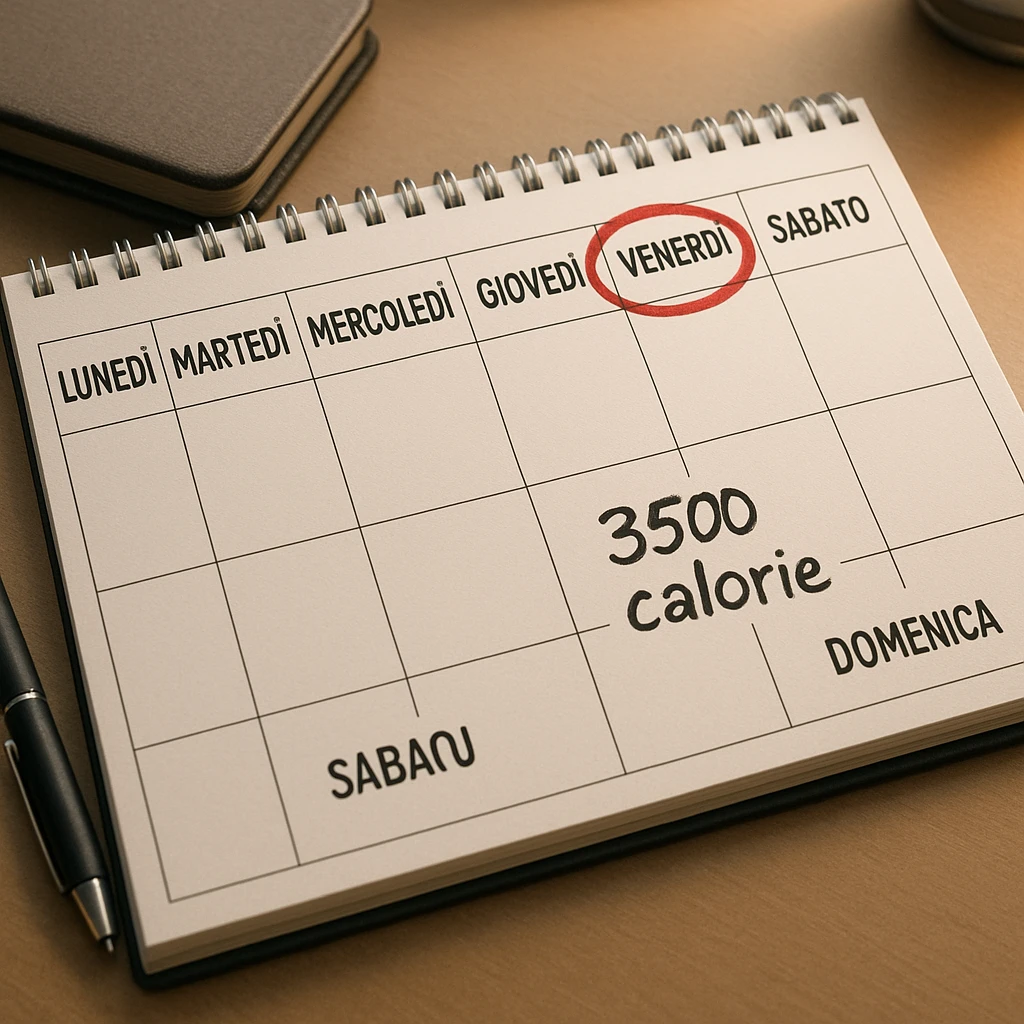 A hyperrealistic weekly calendar viewed from above in Italian, showing days from Monday to Sunday. Friday is circled in red. Below both Saturday and Sunday, the text '3500 calorie' is clearly visible. The image has 4K details and a desk atmosphere. emoji