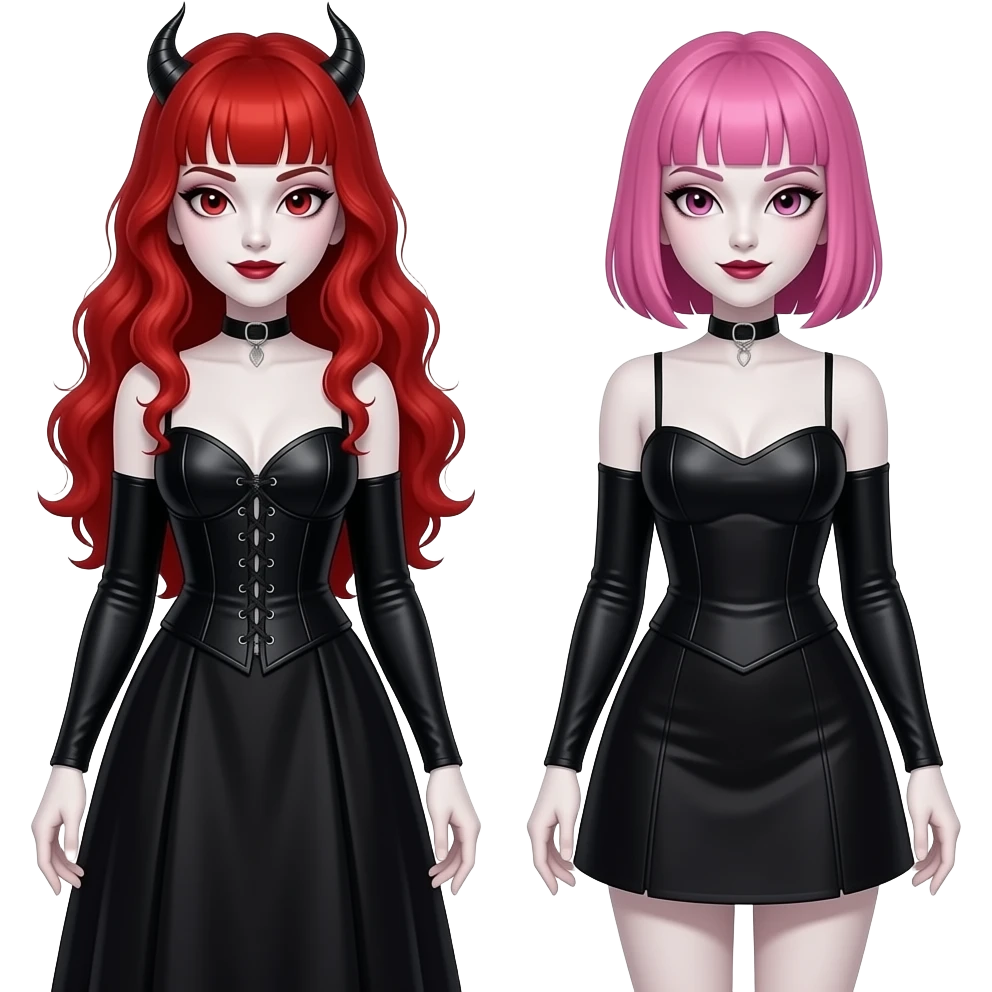 Vampiro femmina  con pelle bianca capelli lunghi  rosso fuoco ondulati e la frangetta che indossa una vestito stretto in vita e largo sotto nero con maniche lunghe e anfibi che arrivano alle ginocchia insieme a un vampiro femmina con la pelle bianca i capelli rosa corti lisci e la frangetta emoji