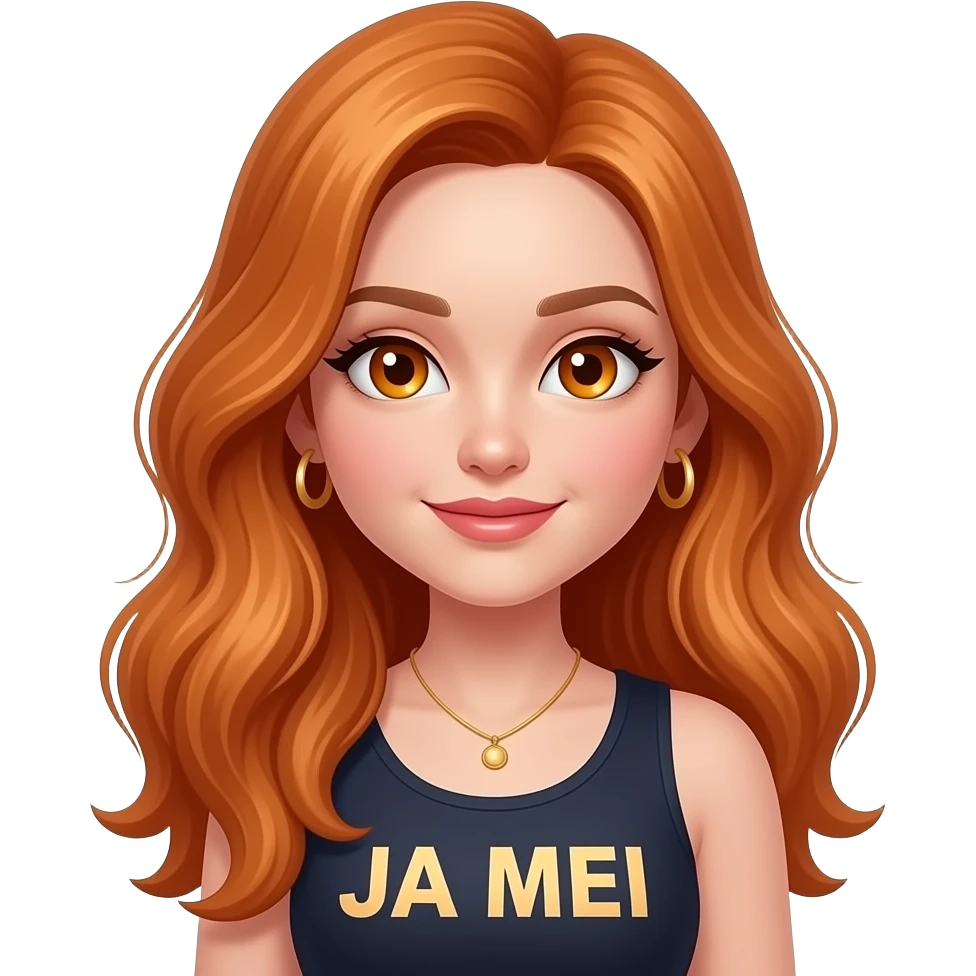 sexy girl with long ginger hair and ginger eyes a top with JA MEI written on it emoji